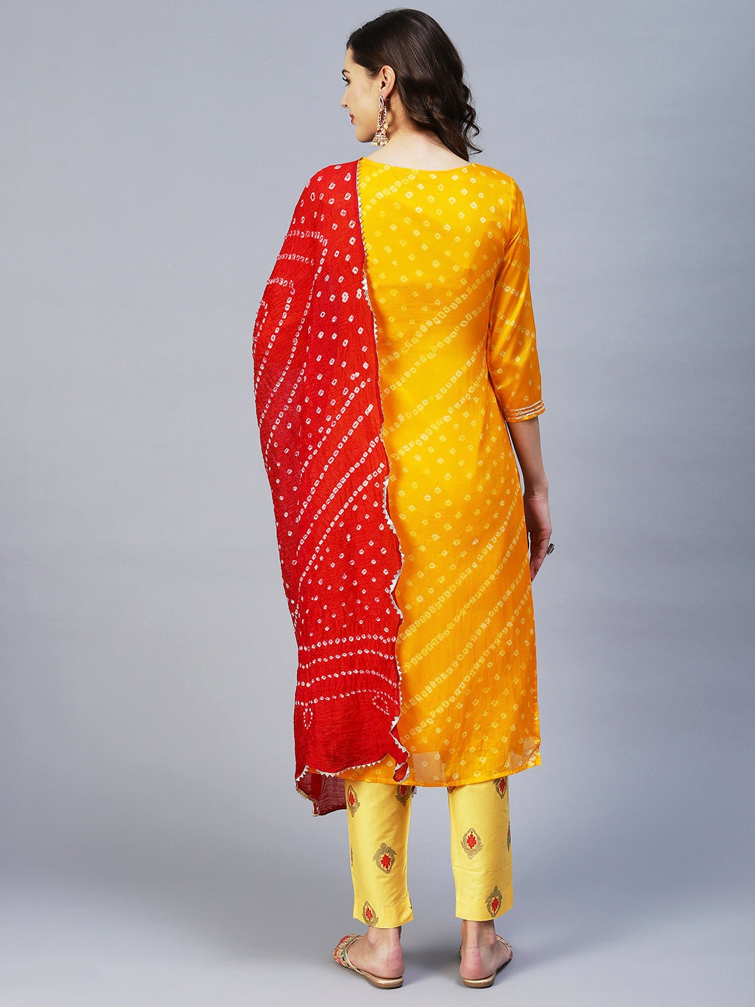 Bandhani Printed & Embroidered Straight Kurta with Pant & Dupatta - Yellow