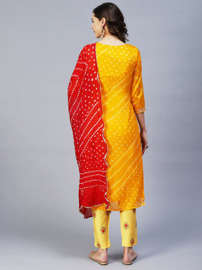 Bandhani Printed & Embroidered Straight Kurta with Pant & Dupatta - Yellow
