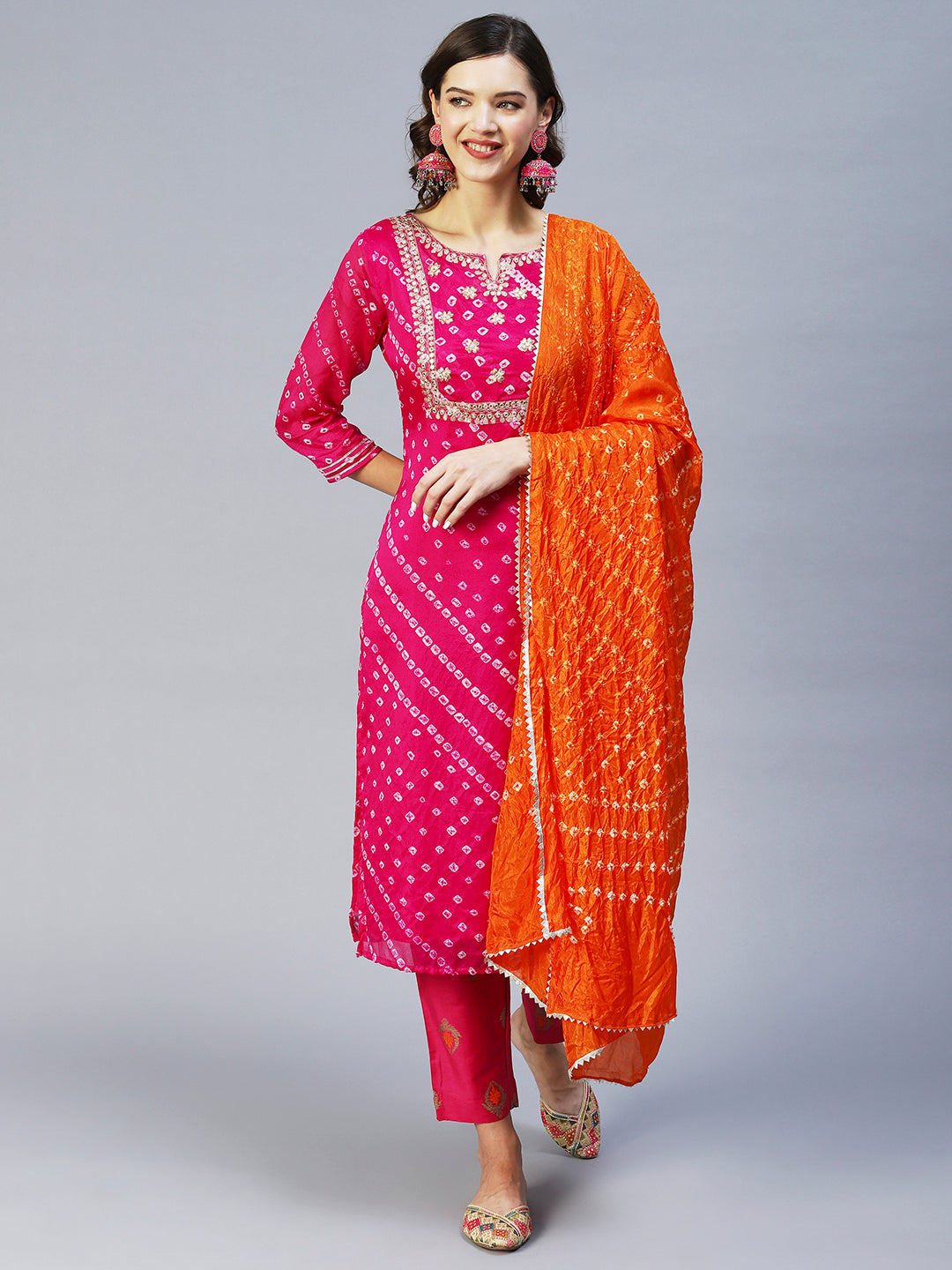 Bandhani Printed & Embroidered Straight Kurta with Pant & Dupatta - Purple