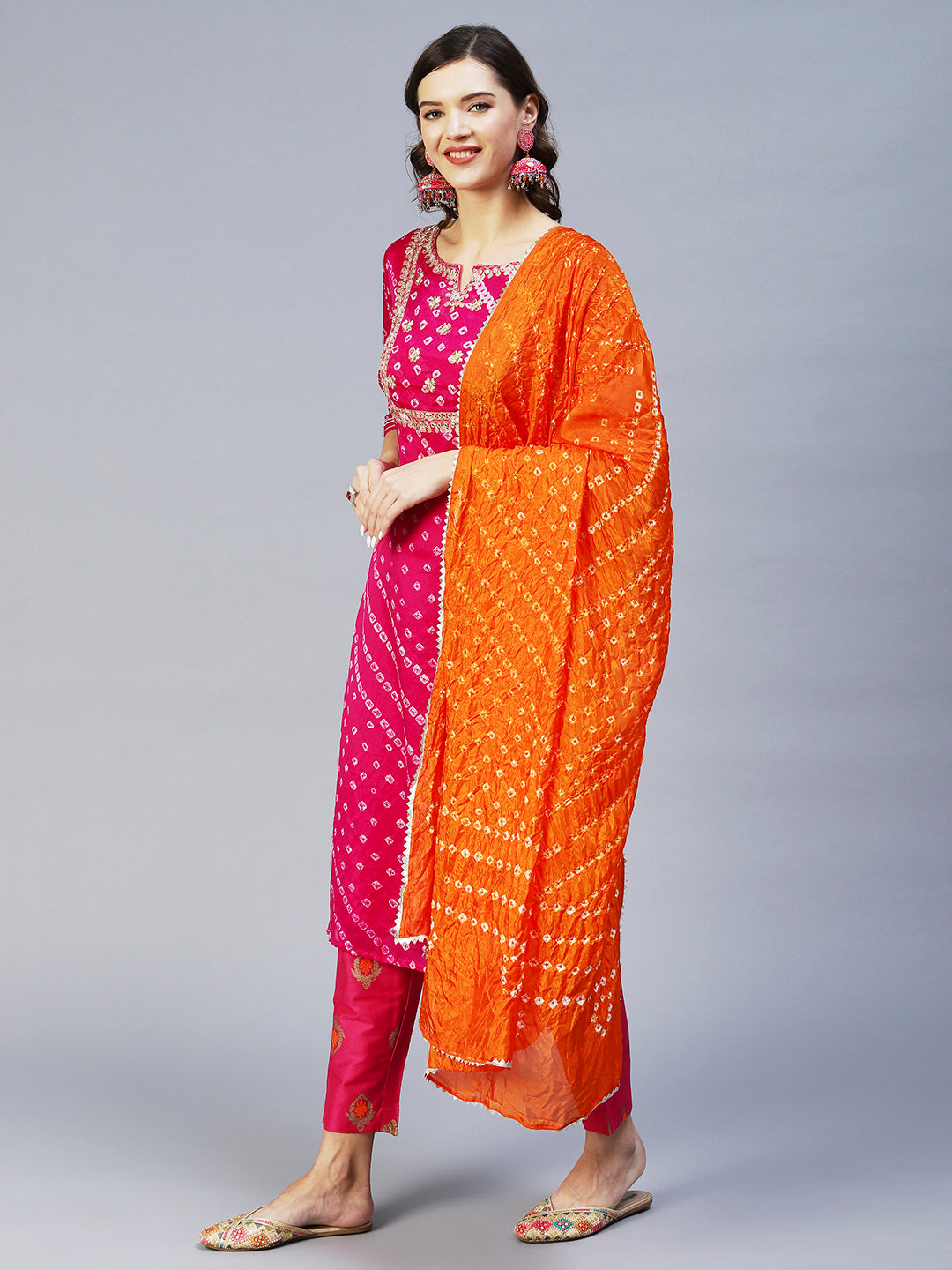 Bandhani Printed & Embroidered Straight Kurta with Pant & Dupatta - Purple