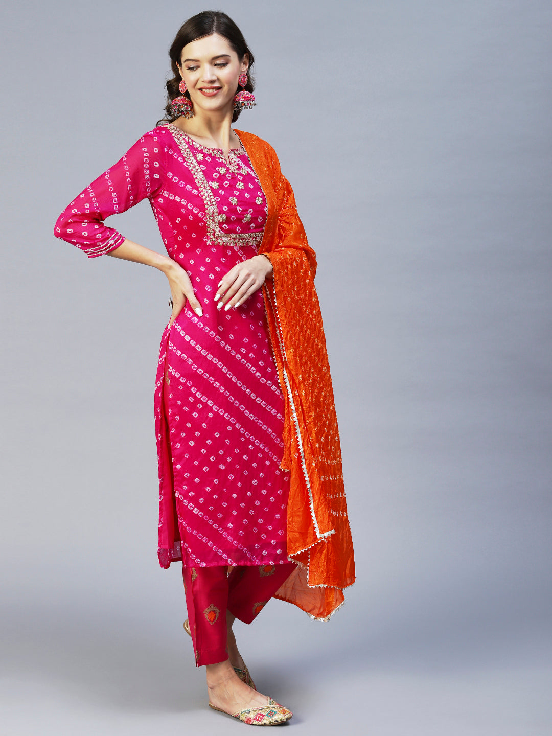 Bandhani Printed & Embroidered Straight Kurta with Pant & Dupatta - Purple