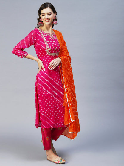 Bandhani Printed & Embroidered Straight Kurta with Pant & Dupatta - Purple