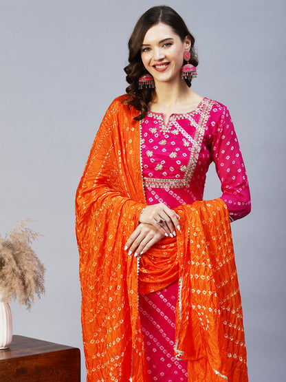 Bandhani Printed & Embroidered Straight Kurta with Pant & Dupatta - Purple