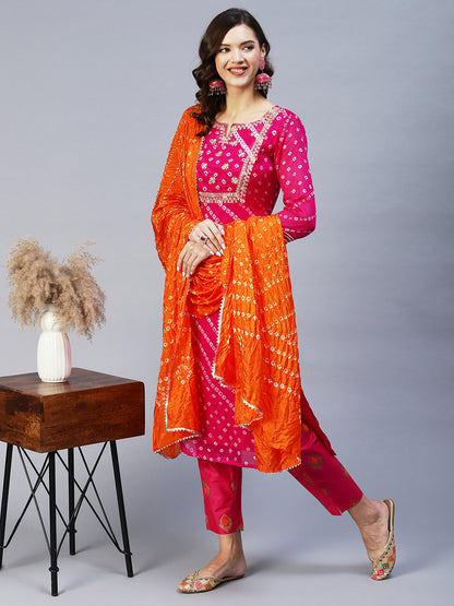 Bandhani Printed & Embroidered Straight Kurta with Pant & Dupatta - Purple