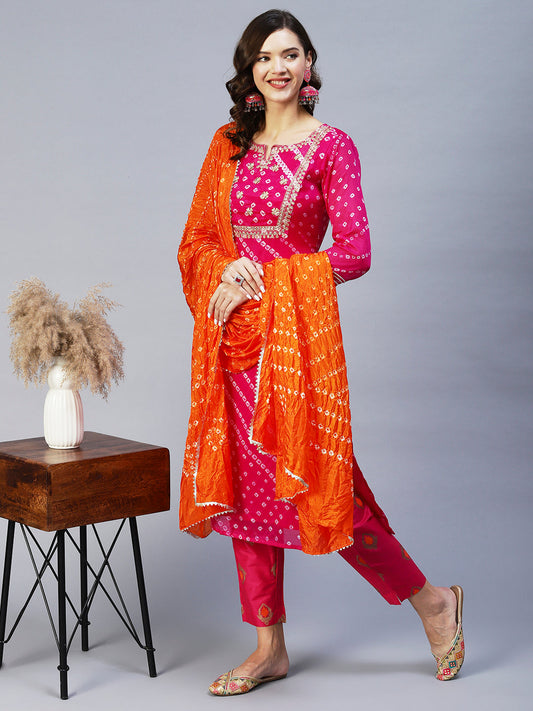 Bandhani Printed & Embroidered Straight Kurta with Pant & Dupatta - Purple