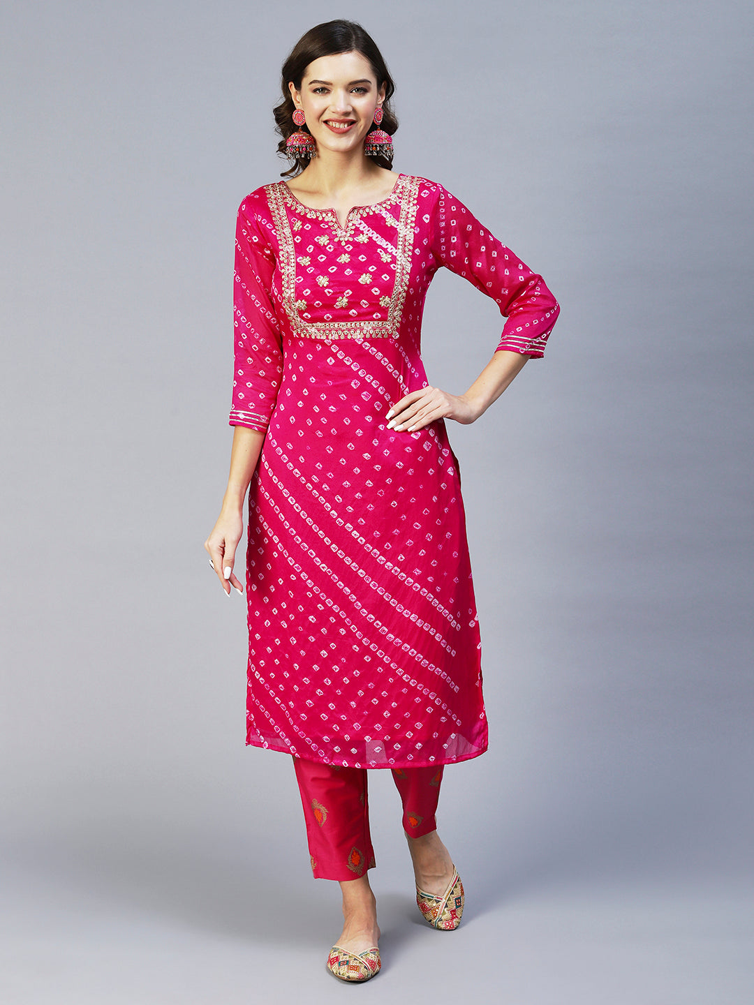Bandhani Printed & Embroidered Straight Kurta with Pant & Dupatta - Purple