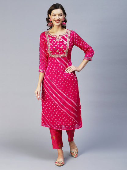 Bandhani Printed & Embroidered Straight Kurta with Pant & Dupatta - Purple