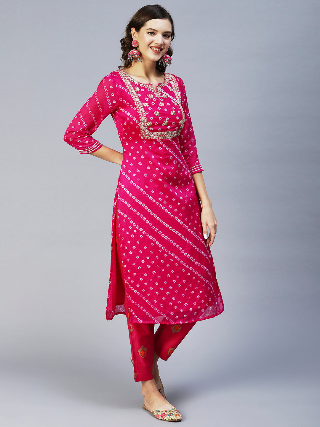 Bandhani Printed & Embroidered Straight Kurta with Pant & Dupatta - Purple