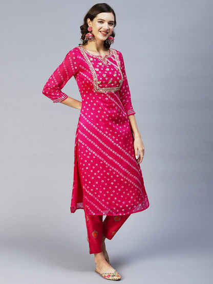 Bandhani Printed & Embroidered Straight Kurta with Pant & Dupatta - Purple