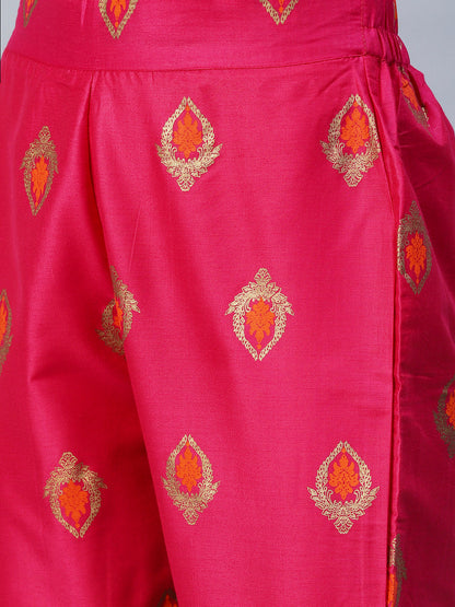 Bandhani Printed & Embroidered Straight Kurta with Pant & Dupatta - Purple