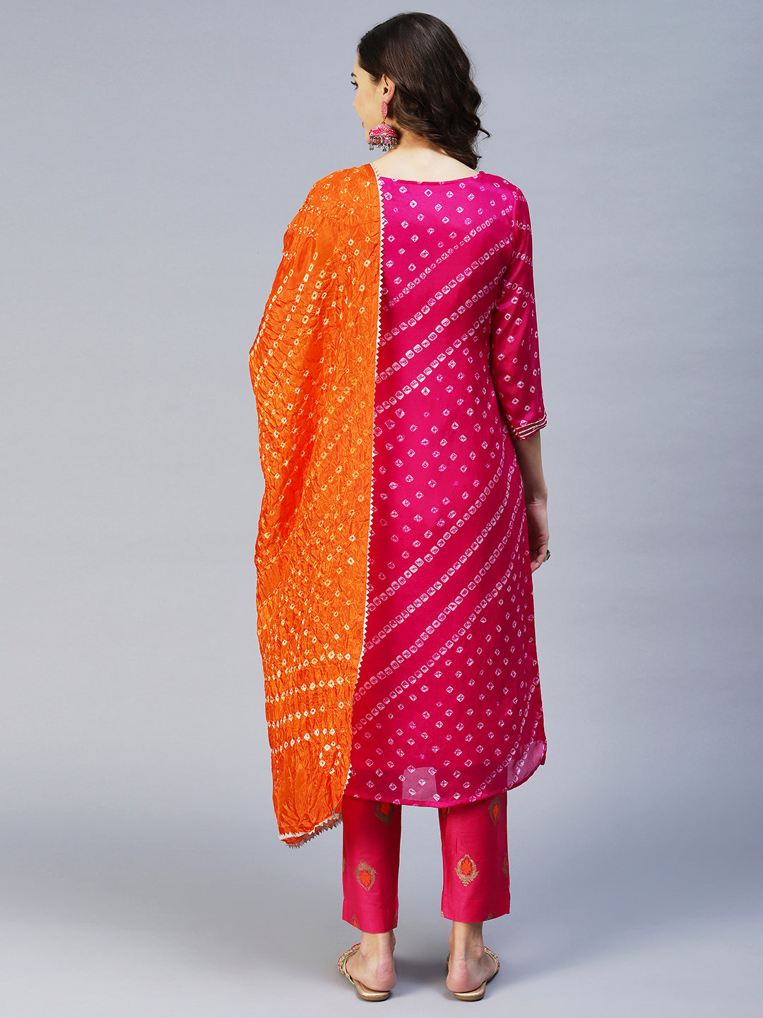 Bandhani Printed & Embroidered Straight Kurta with Pant & Dupatta - Purple