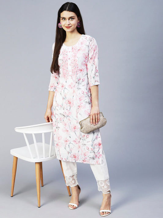 Floral Printed & Embroidered Straight Fit Kurta - Off White