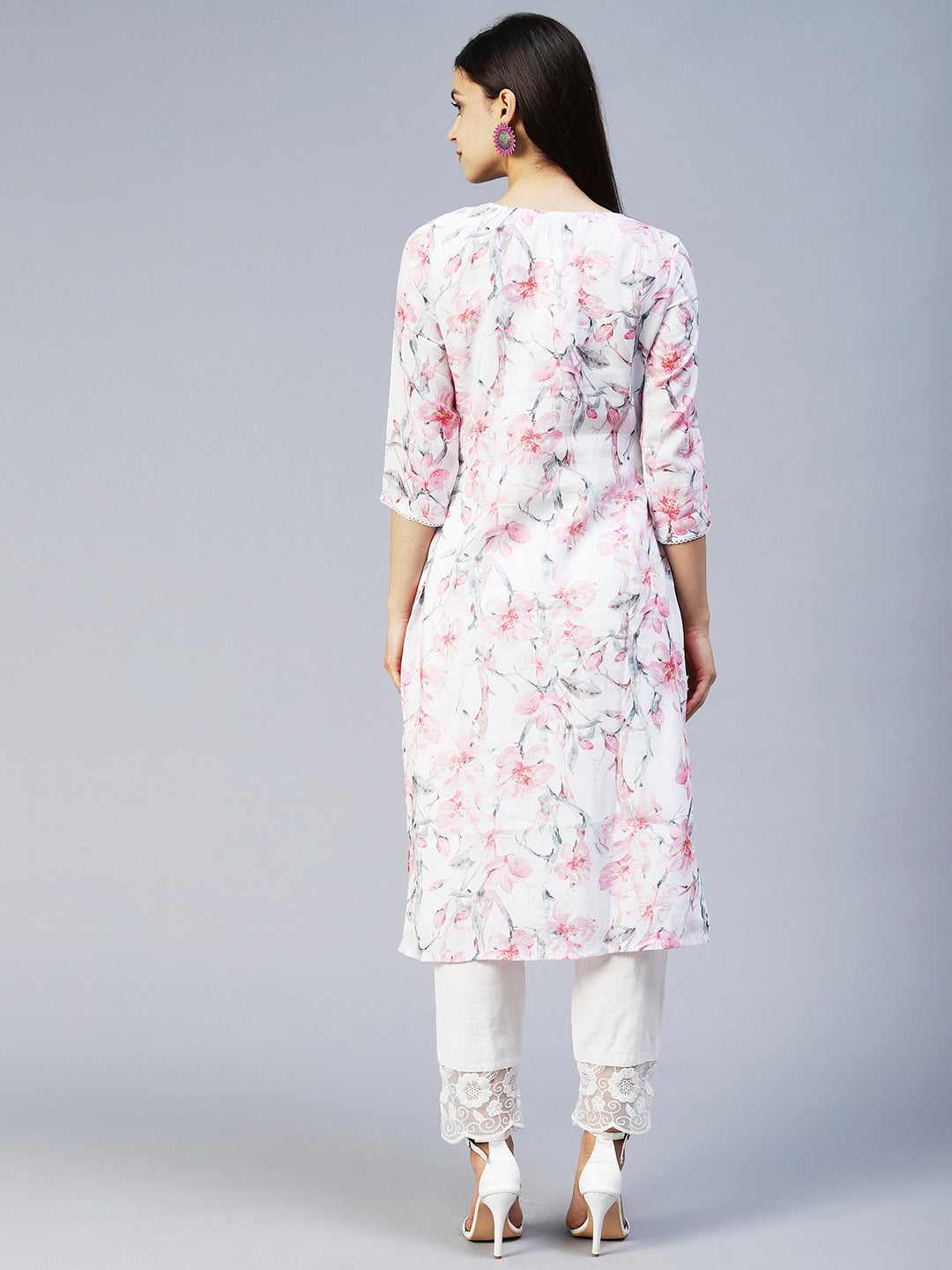 Floral Printed & Embroidered Straight Fit Kurta - Off White