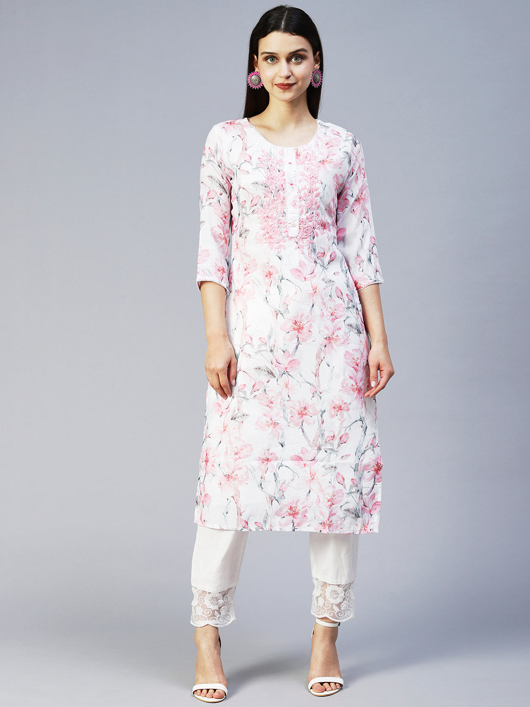 Floral Printed & Embroidered Straight Fit Kurta - Off White