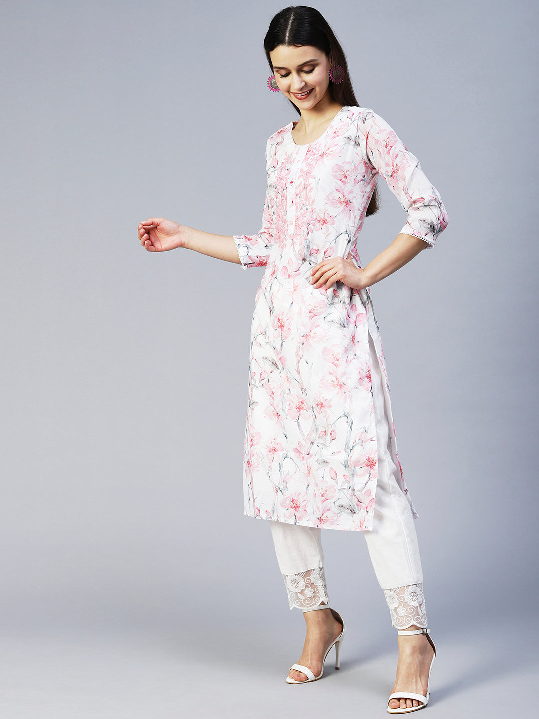 Floral Printed & Embroidered Straight Fit Kurta - Off White
