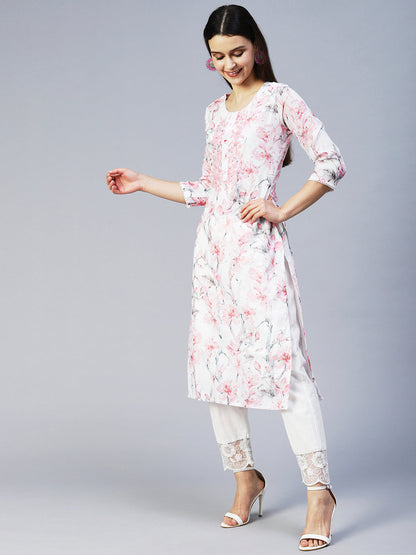 Floral Printed & Embroidered Straight Fit Kurta - Off White