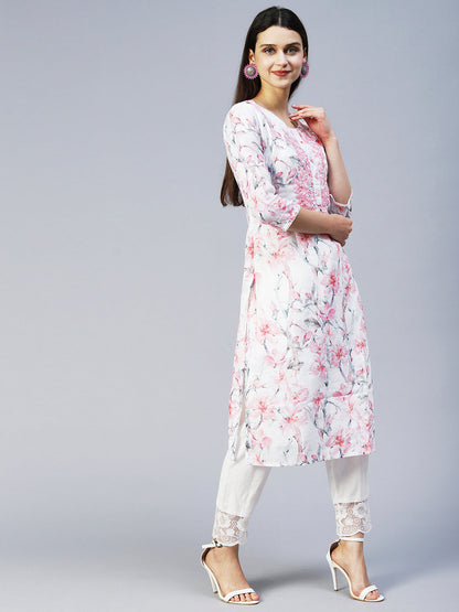 Floral Printed & Embroidered Straight Fit Kurta - Off White