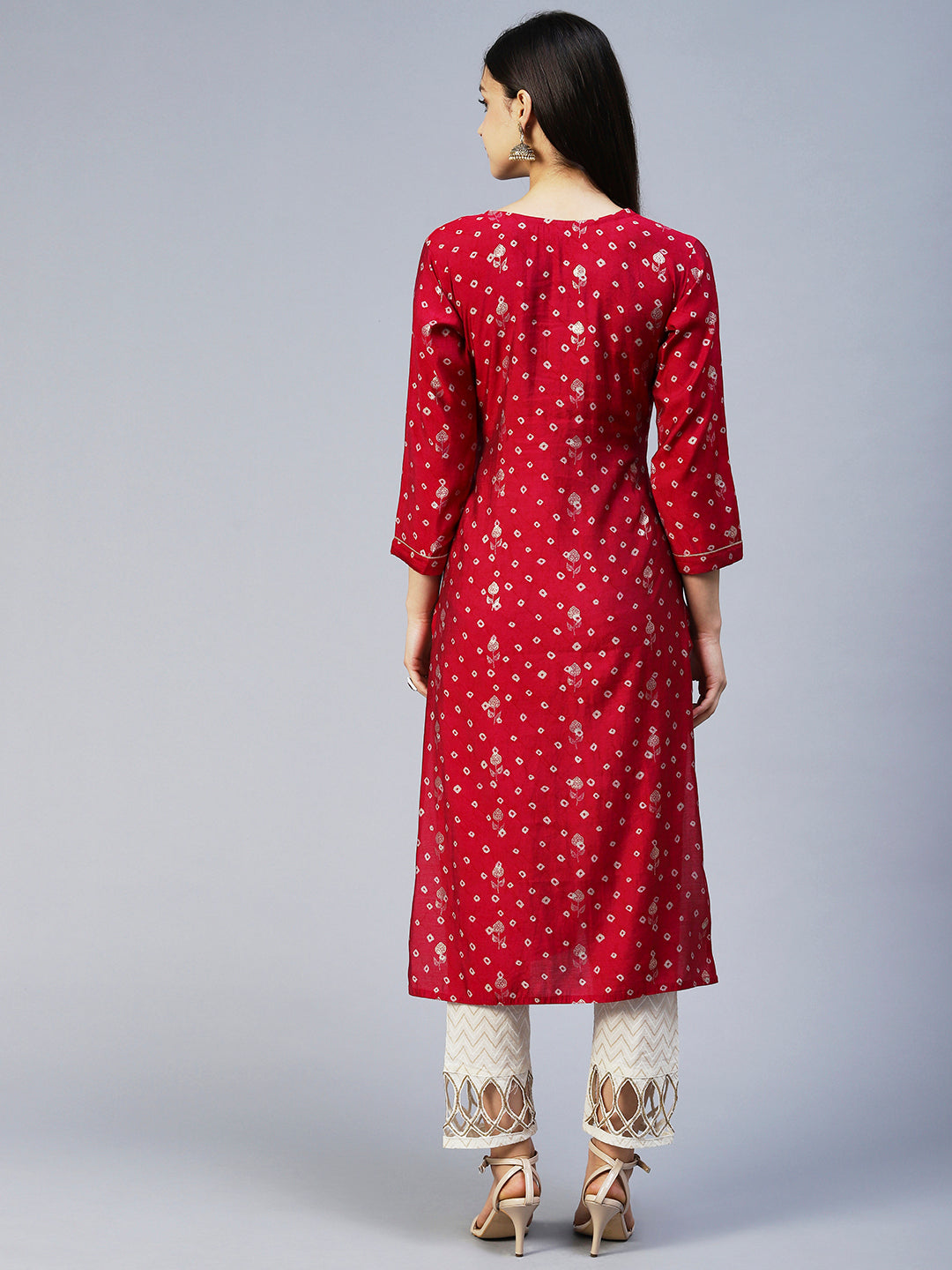 Bandhani Printed & Embroidered Straight Fit Kurta - Magenta