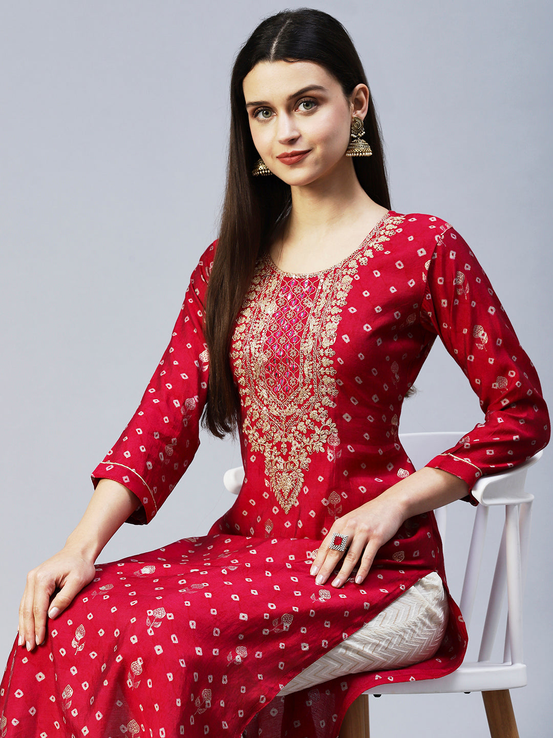 Bandhani Printed & Embroidered Straight Fit Kurta - Magenta