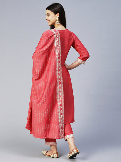 Ethnic Printed Straight Kurta with Pant & Dupatta - Pink