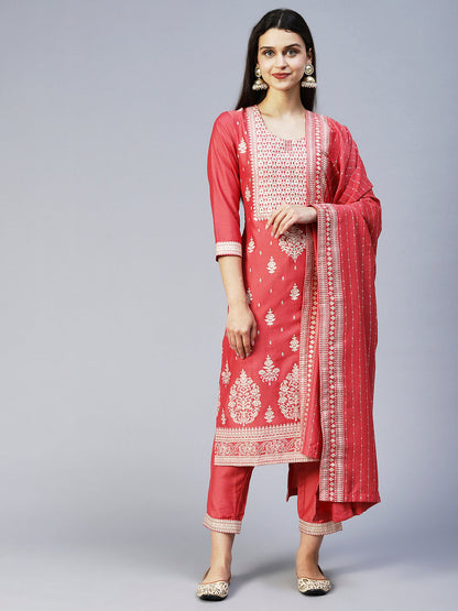 Ethnic Printed Straight Kurta with Pant & Dupatta - Pink