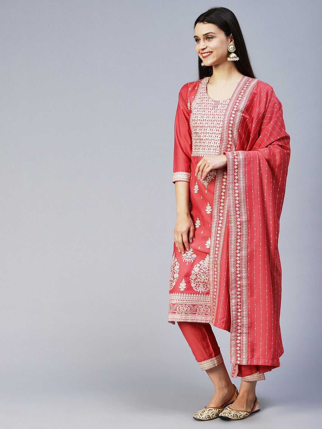 Ethnic Printed Straight Kurta with Pant & Dupatta - Pink