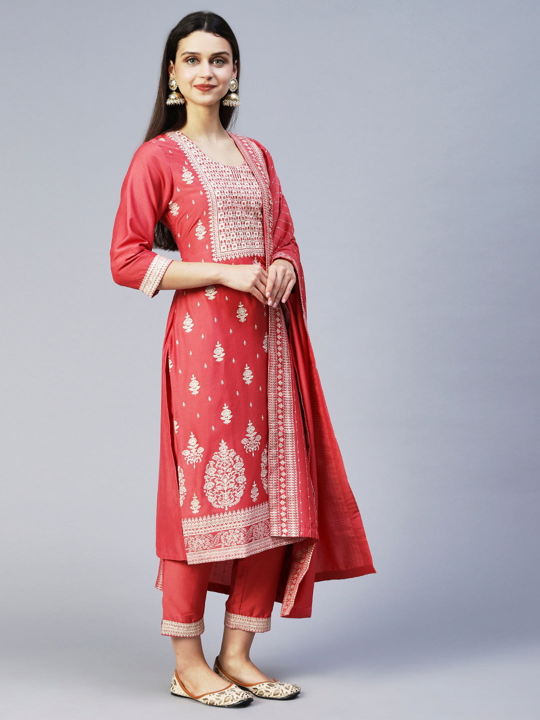 Ethnic Printed Straight Kurta with Pant & Dupatta - Pink