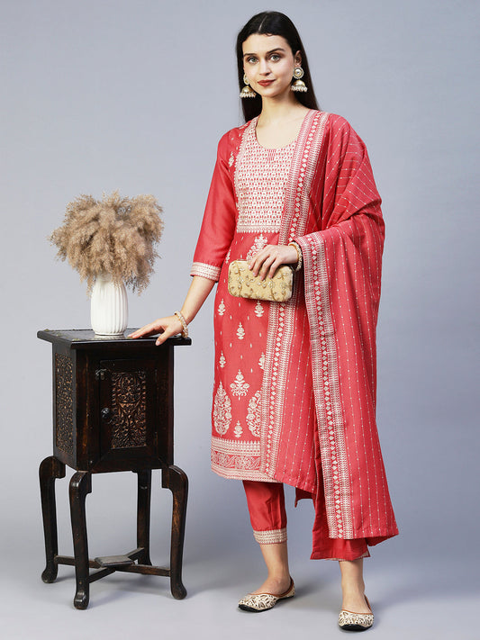 Ethnic Printed Straight Kurta with Pant & Dupatta - Pink