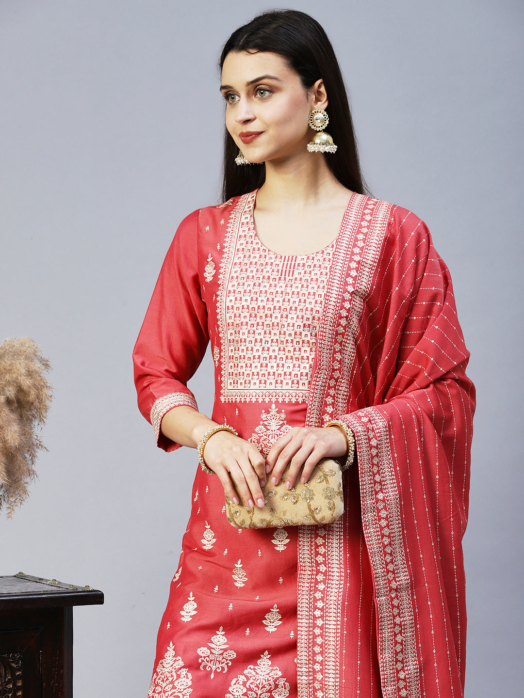 Ethnic Printed Straight Kurta with Pant & Dupatta - Pink