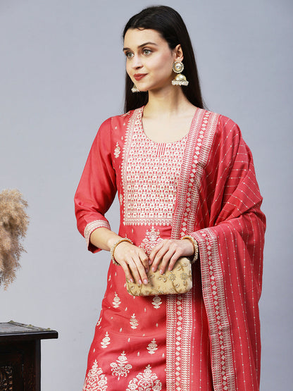 Ethnic Printed Straight Kurta with Pant & Dupatta - Pink