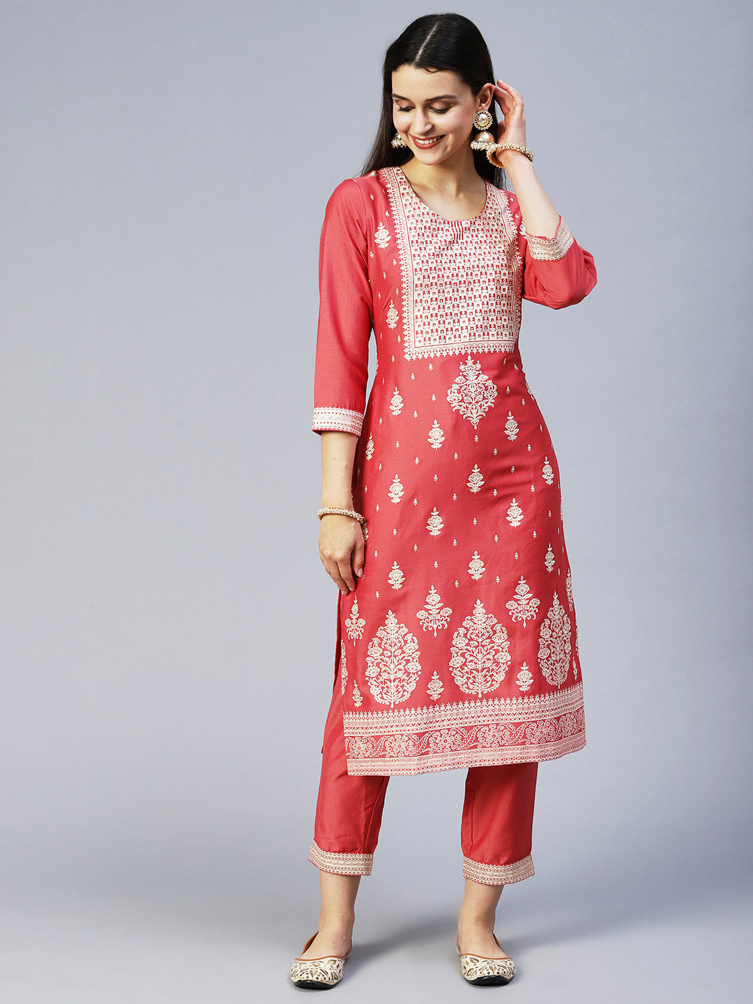 Ethnic Printed Straight Kurta with Pant & Dupatta - Pink