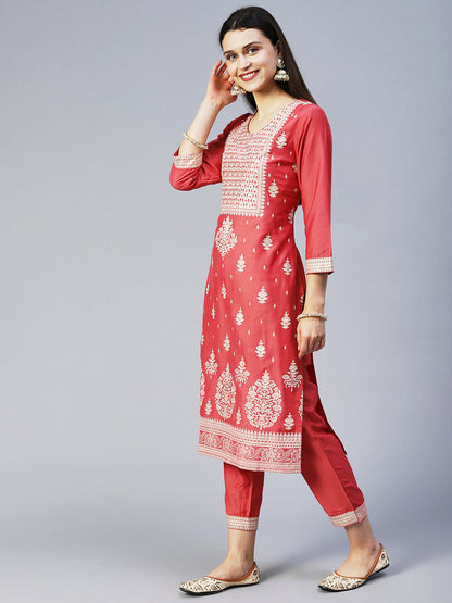 Ethnic Printed Straight Kurta with Pant & Dupatta - Pink