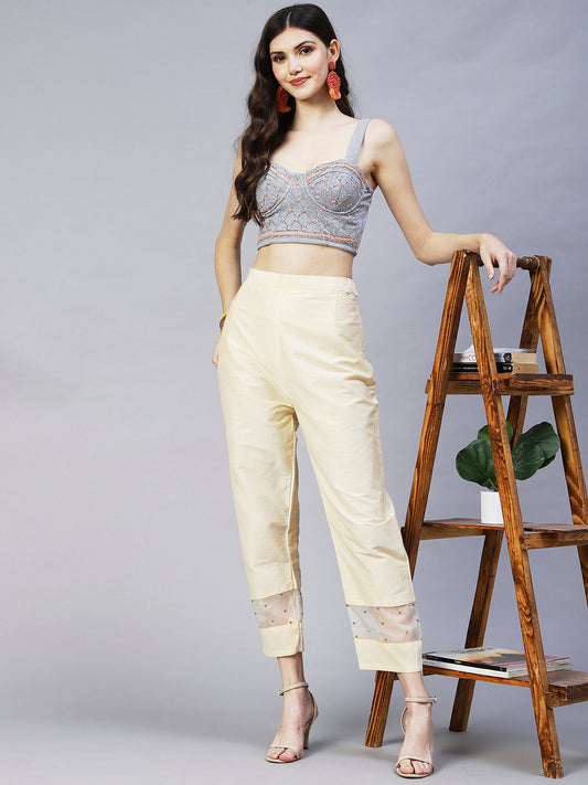 Solid Beads Embroidered Straight Fit Pant - Cream