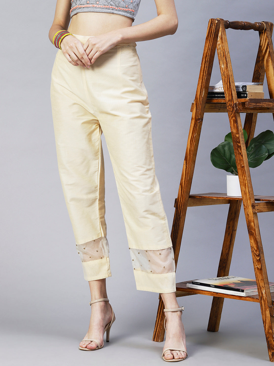 Solid Beads Embroidered Straight Fit Pant - Cream