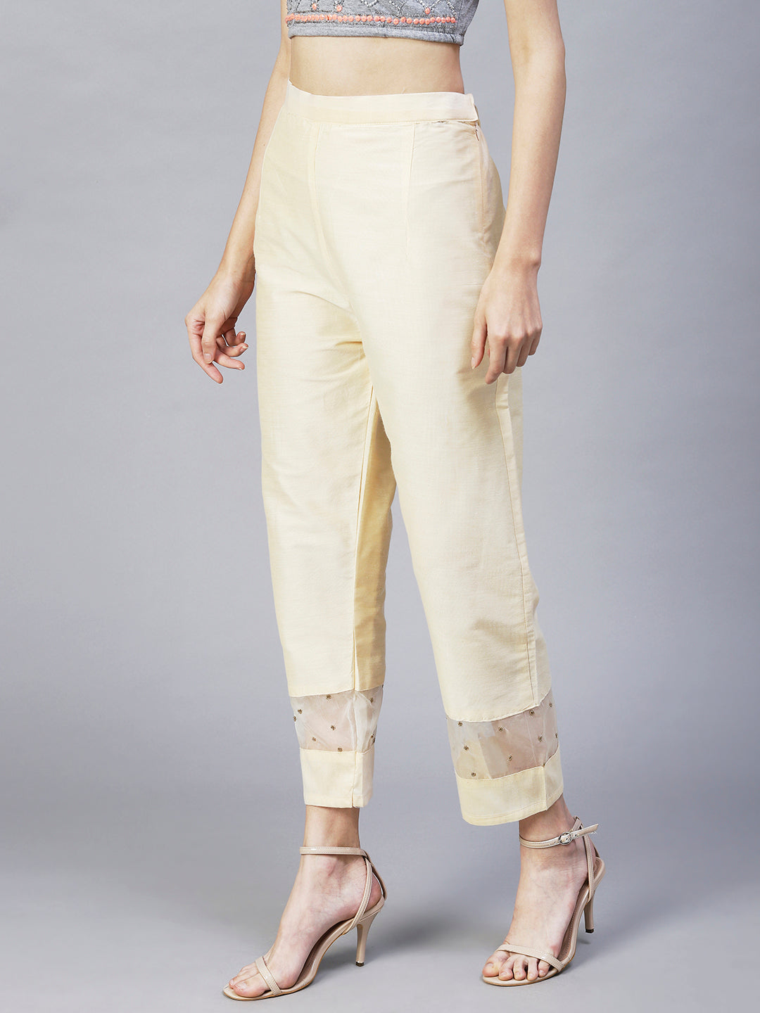 Solid Beads Embroidered Straight Fit Pant - Cream