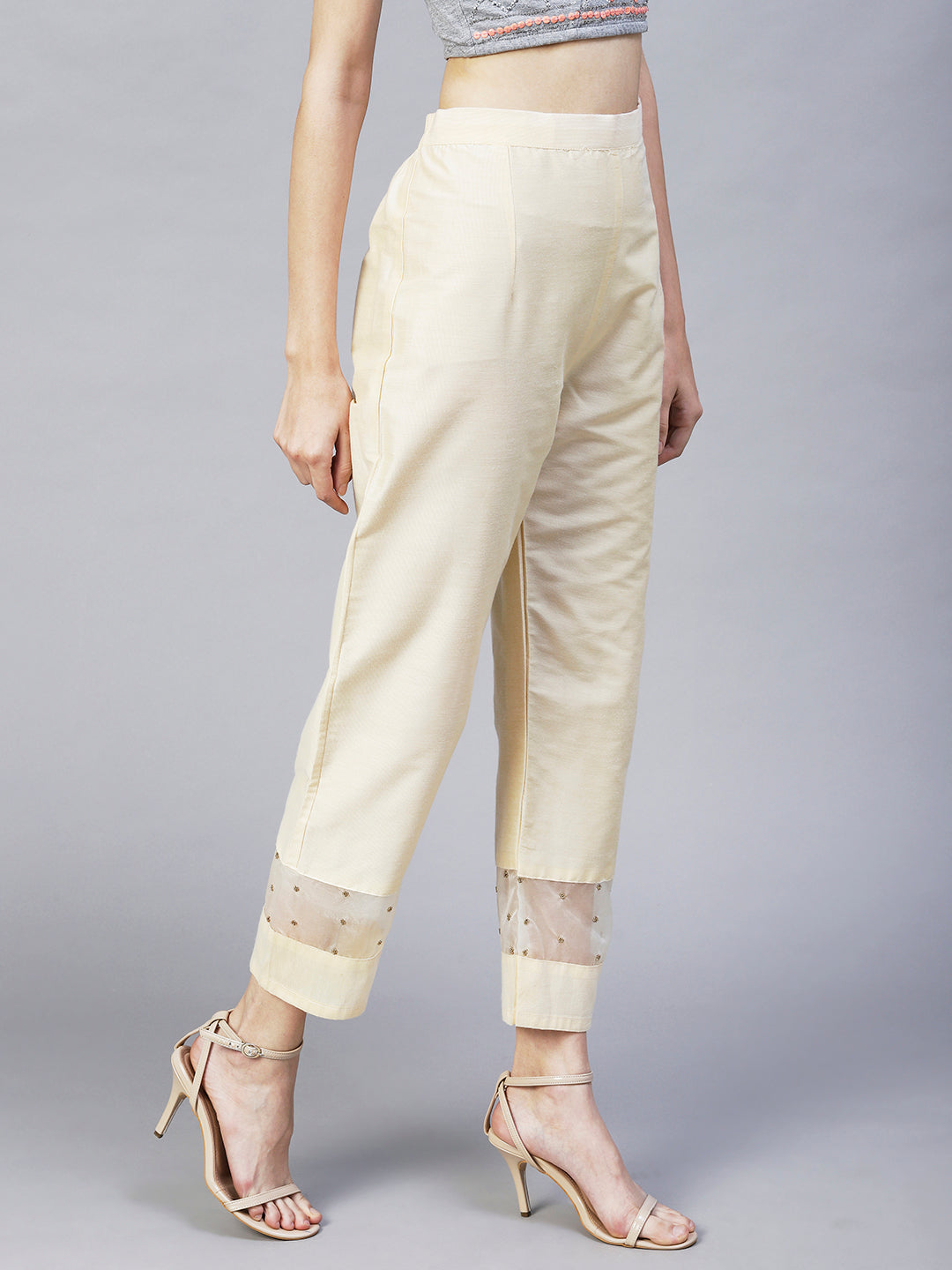 Solid Beads Embroidered Straight Fit Pant - Cream