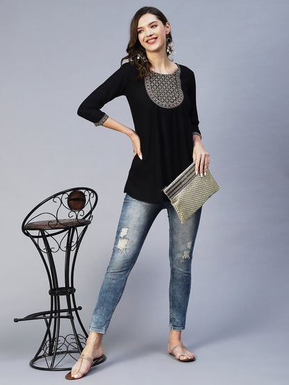 Solid Ethnic Embroidered A-Line Kurti - Black