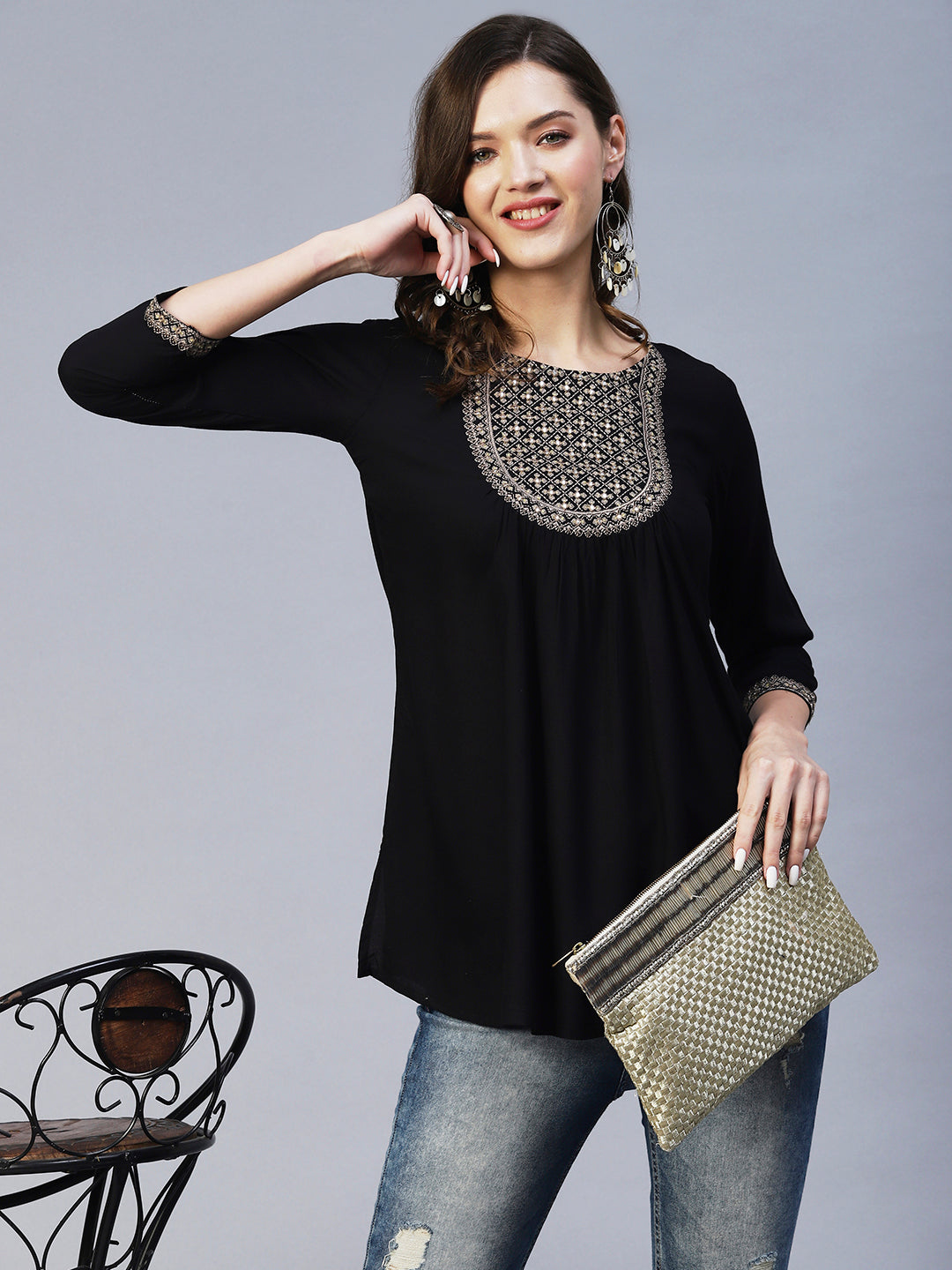 Solid Ethnic Embroidered A-Line Kurti - Black