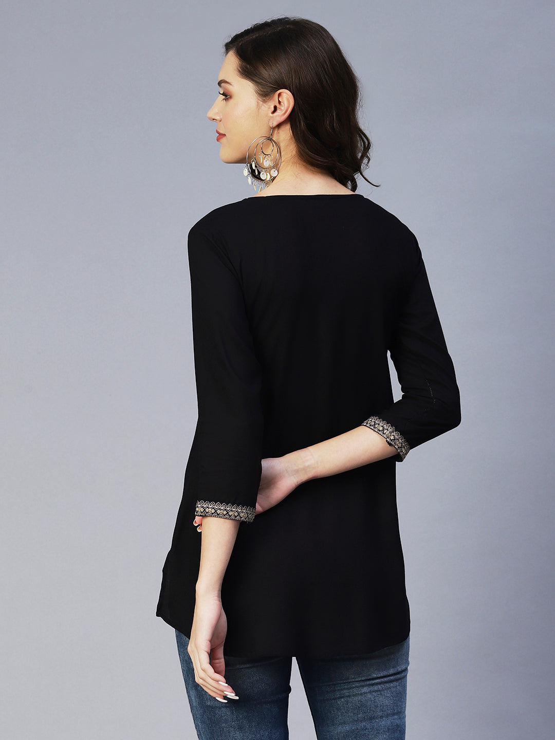 Solid Ethnic Embroidered A-Line Kurti - Black