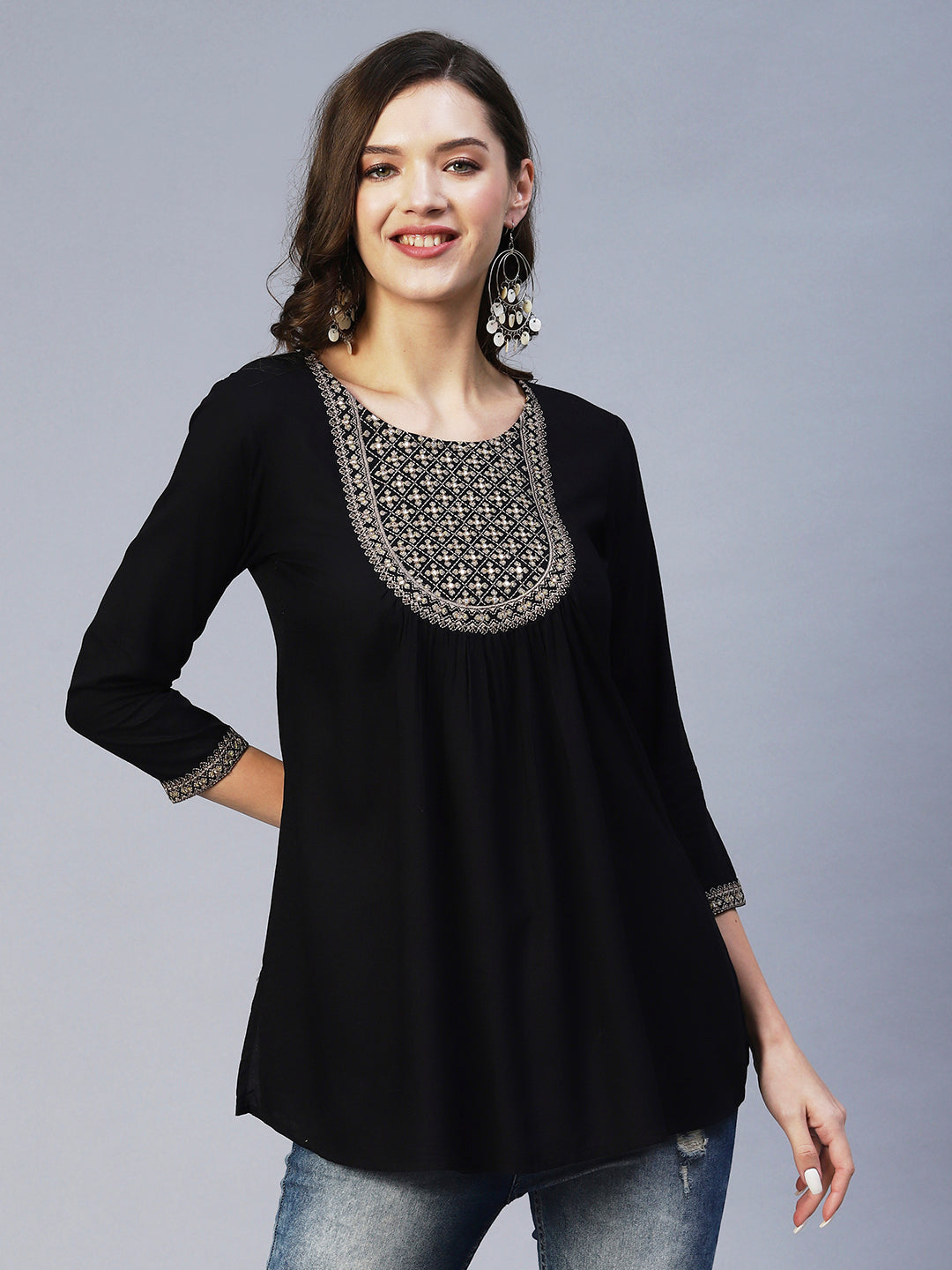 Solid Ethnic Embroidered A-Line Kurti - Black