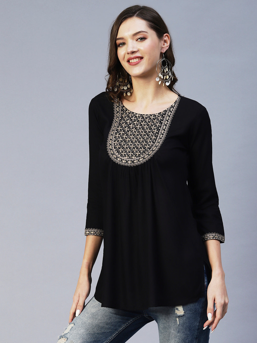 Solid Ethnic Embroidered A-Line Kurti - Black
