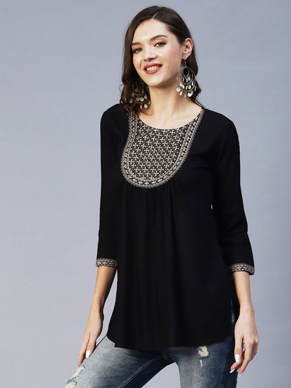 Solid Ethnic Embroidered A-Line Kurti - Black