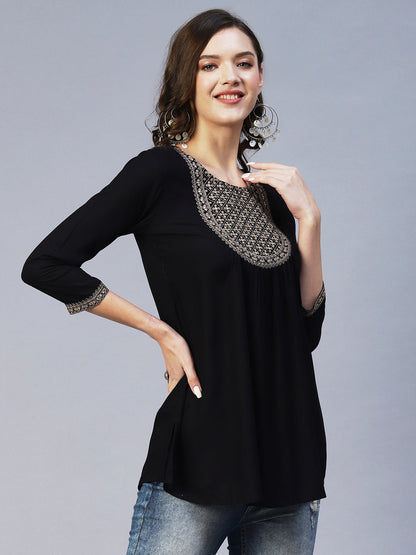 Solid Ethnic Embroidered A-Line Kurti - Black