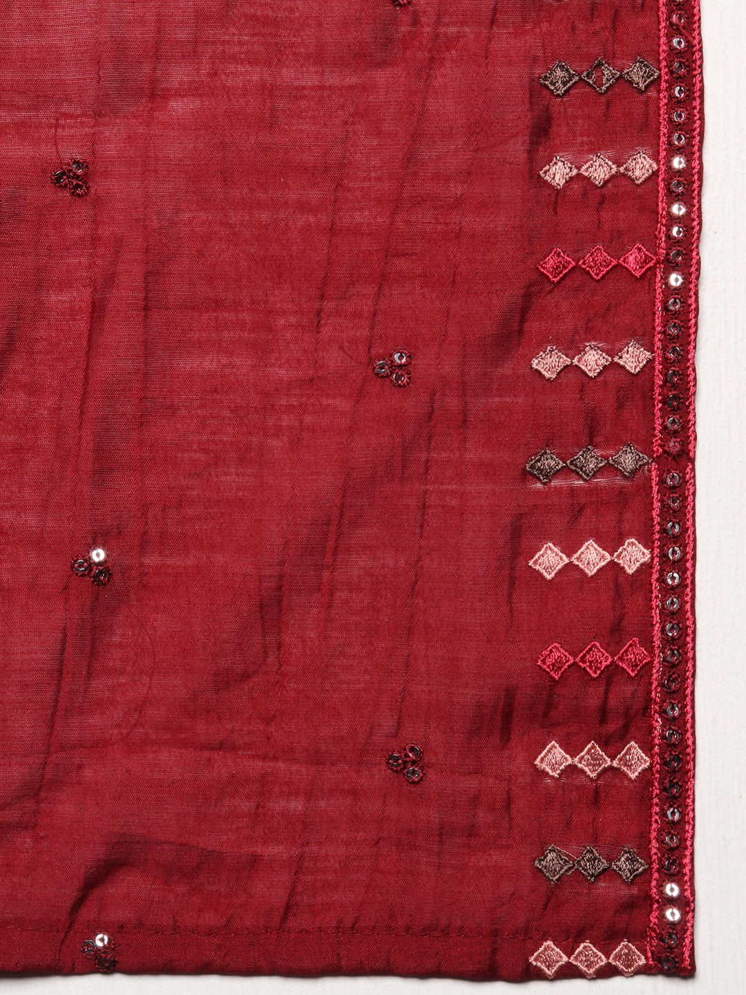 Solid Sequin Embroidered A-Line Kurta with Pant & Dupatta - Maroon