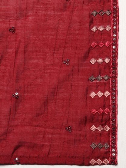Solid Sequin Embroidered A-Line Kurta with Pant & Dupatta - Maroon