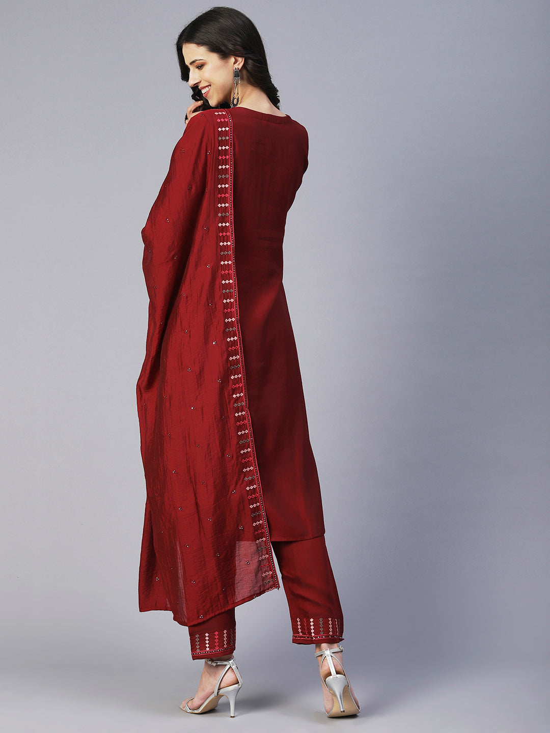 Solid Sequin Embroidered A-Line Kurta with Pant & Dupatta - Maroon