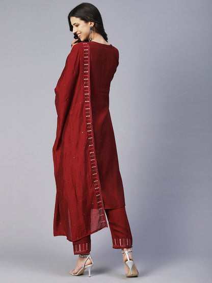 Solid Sequin Embroidered A-Line Kurta with Pant & Dupatta - Maroon