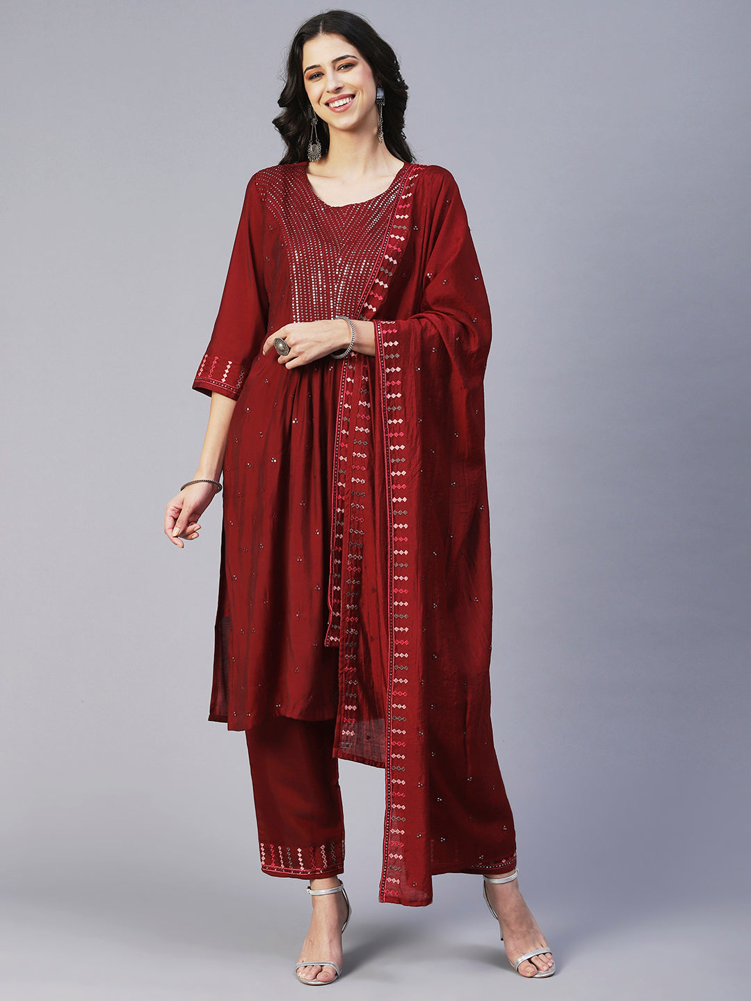 Solid Sequin Embroidered A-Line Kurta with Pant & Dupatta - Maroon