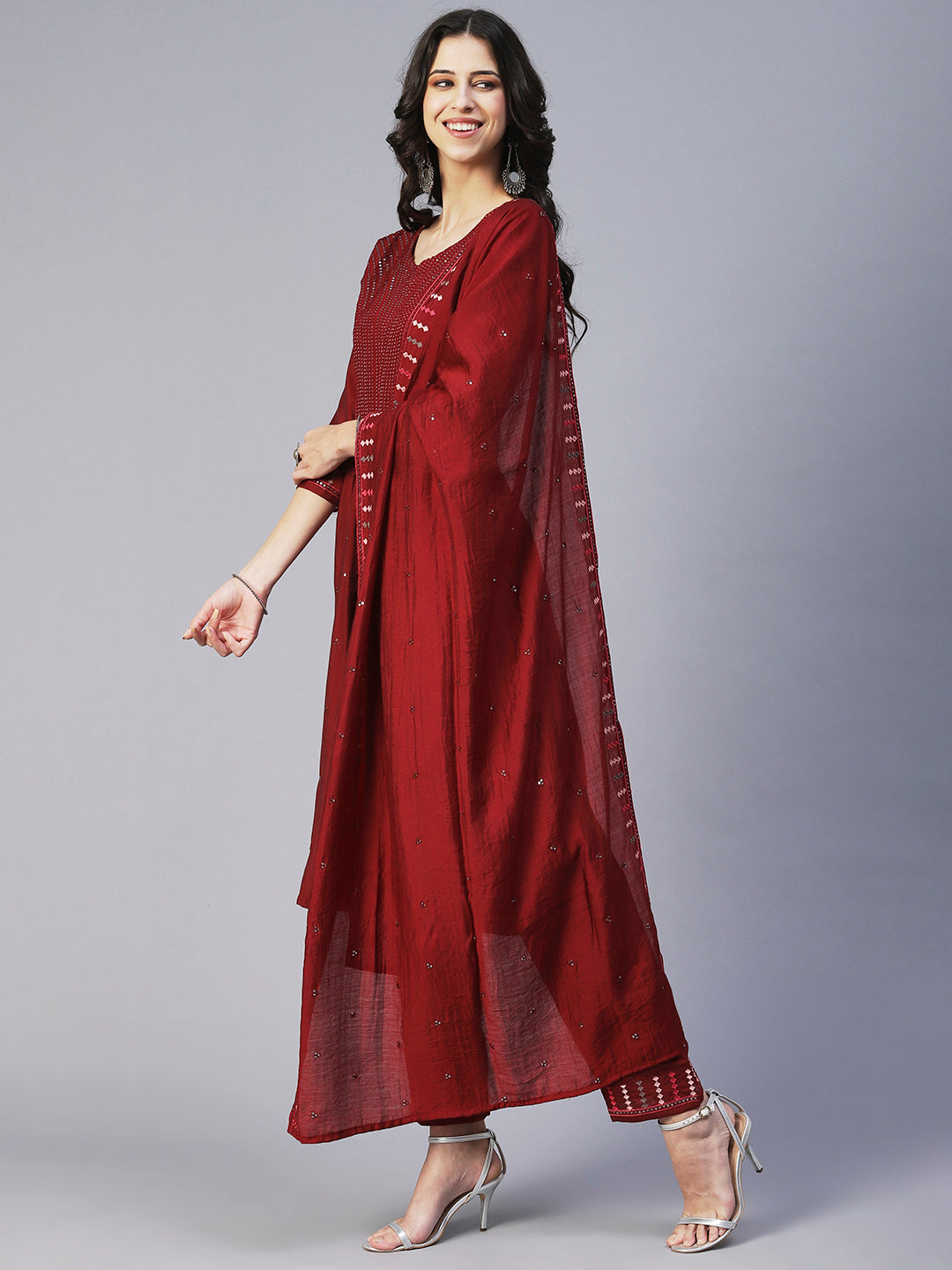 Solid Sequin Embroidered A-Line Kurta with Pant & Dupatta - Maroon