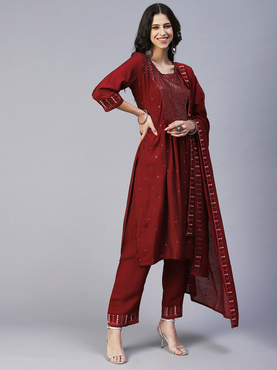 Solid Sequin Embroidered A-Line Kurta with Pant & Dupatta - Maroon